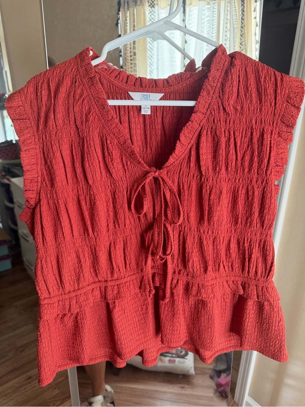 Time and Tru Orange Textured Tie-Front Peplum Top